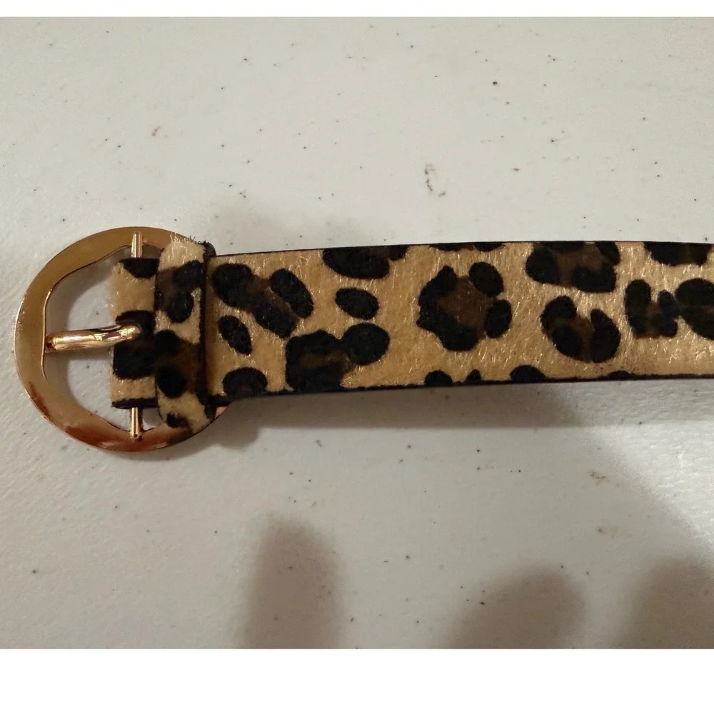 Leopard Print Belt Gold Round Buckle Tan Brown Animal Pattern Calf Hair Style